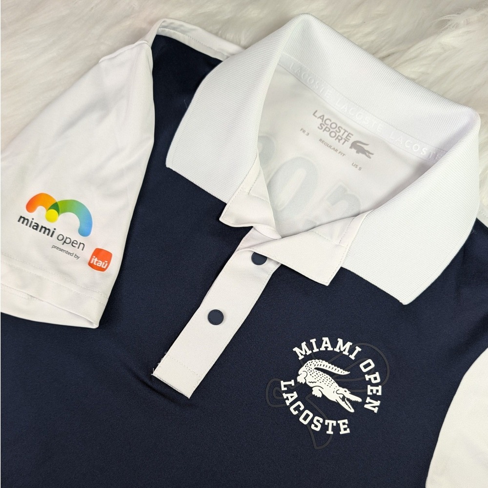 Lacoste Sport Miami Open Polo Men Small Navy White Colorblock Ultra Dry Spellout